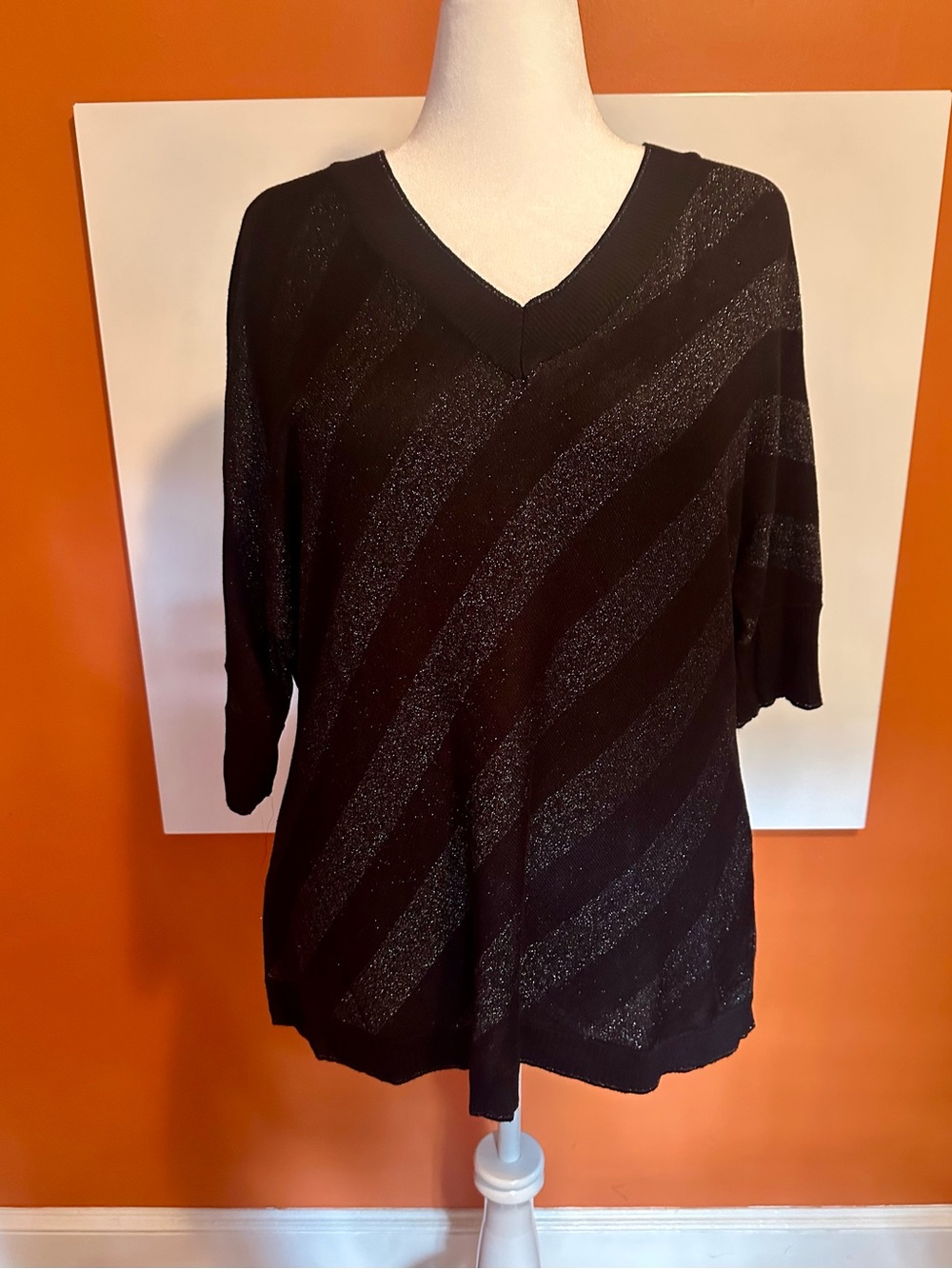 Coldwater Creek Black Metallic Shimmer Diagonal Stripe Knit Sweater Top 2X 20-22